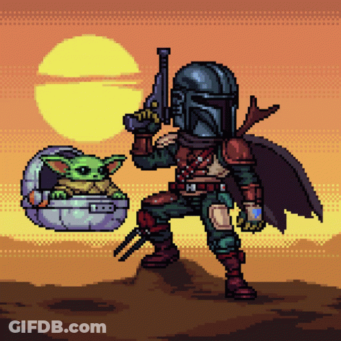 Mandalorian Holding Gun And Baby GIF