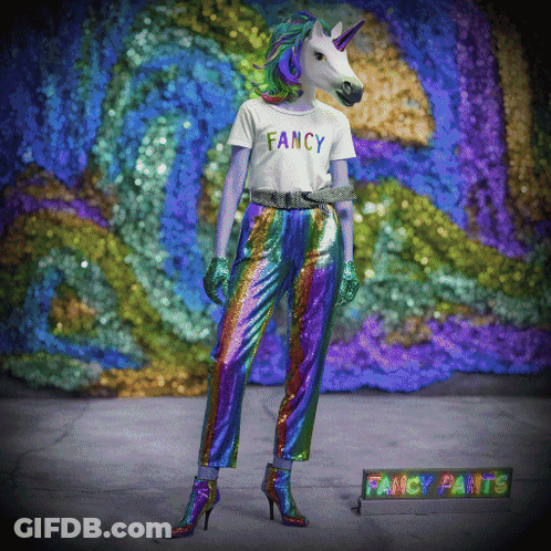 Mannequin With Unicorn Head And Fancy Pants GIF