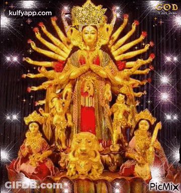 Many-Handed Woman Statue With Other Statues On Lotus GIF