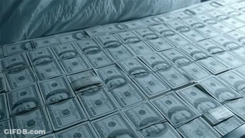 Many Stacks Of 100 Dollar Bills Are Laying On A Bed GIF