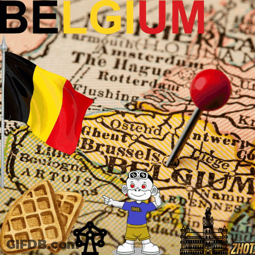 Map Of Belgium With Flags And Pin GIF