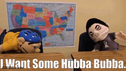 Map Of US With Stuffed Animals Saying I Want Some Hubba Bubba GIF