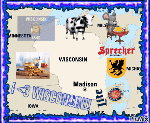 Map Of Wisconsin With Cow Hamburger And Mouse GIF