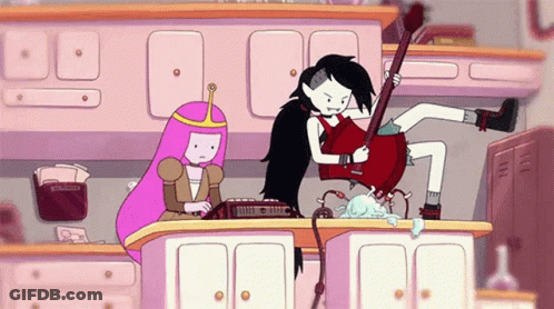 Marceline And Princess Bubblegum From Adventure Time Are Playing Guitars In A Kitchen . GIF