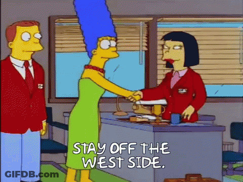 Marge Simpson Shaking Hands Woman Saying Stay Off The West Side GIF