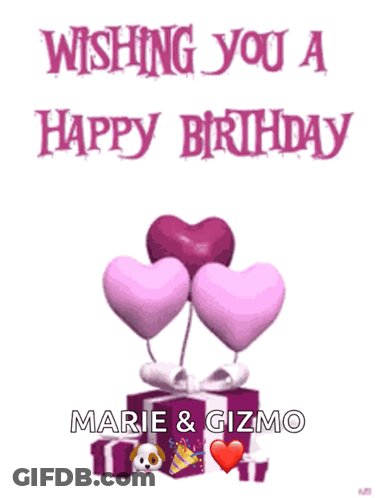 Marie And Gizmo Wishing Happy Birthday With Hearts And Presents GIF