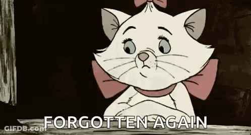 Marie From The Aristocats Is Looking Out Of A Window With The Words `` Forgotten Again '' Written Above Her . GIF