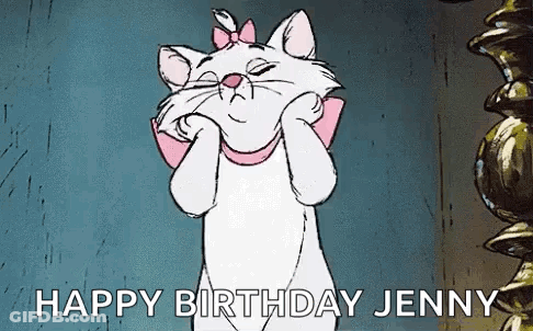 Marie From The Aristocats Is Making A Funny Face With Her Eyes Closed And Says `` Happy Birthday Jenny '' . GIF