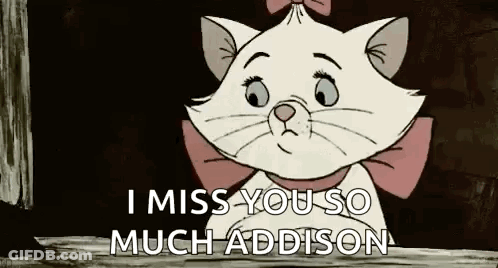 Marie From The Aristocats Is Sitting On A Wooden Bench And Says `` I Miss You So Much Addison '' . GIF