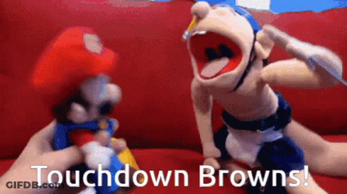 Mario And Jerry Puppet On Red Couch Saying Touchdown Browns GIF
