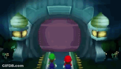 Mario And Luigi Are Standing In Front Of A Large Purple Portal GIF