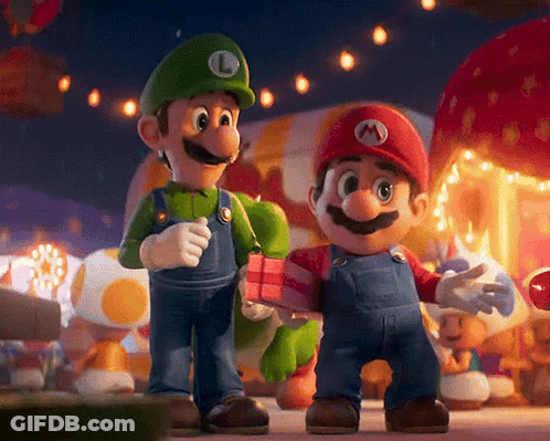 Mario And Luigi Are Standing Next To Each Other And Mario Is Holding A Present GIF