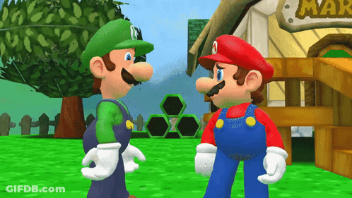 Mario And Luigi Are Standing Next To Each Other In Front Of A Sign That Says Market GIF