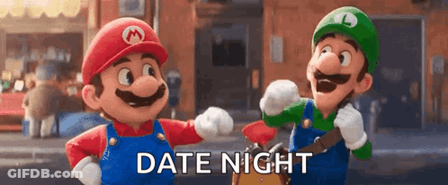 Mario And Luigi Are Standing Next To Each Other On A Street With The Words Date Night Written On The Bottom . GIF