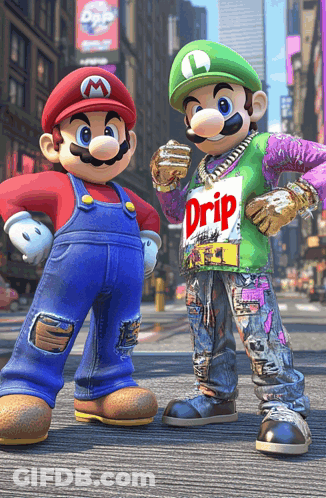 Mario And Luigi Are Standing Next To Each Other With Drip On Their Shirt GIF