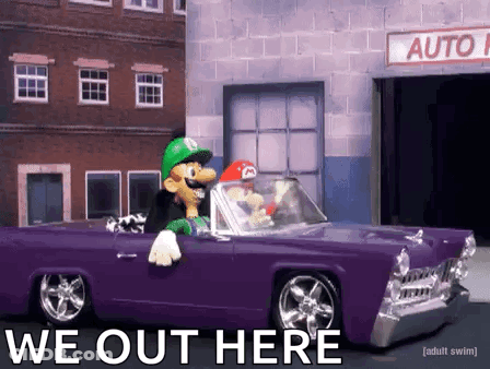 Mario And Luigi Driving Purple Car Saying We Out Here GIF