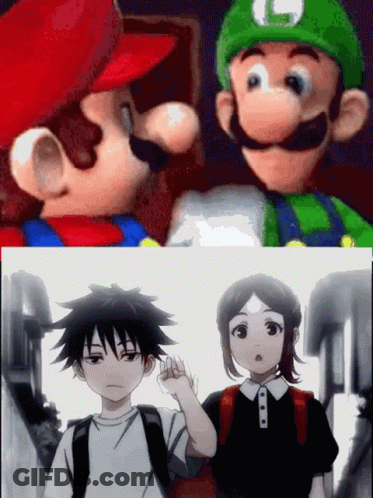 Mario And Luigi Next To Girl With Backpack GIF