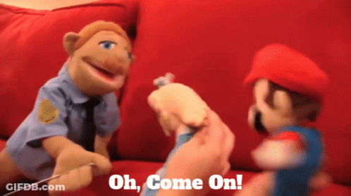 Mario And Police Puppet On Red Couch Saying Oh Come On GIF