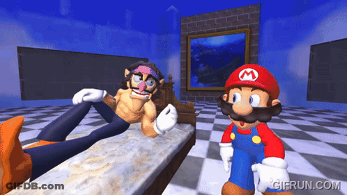 Mario And Wario Are Playing A Video Game With Gifrun.com In The Bottom Right Corner GIF