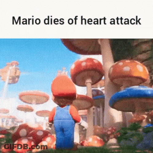 Mario Dies Of A Heart Attack In A Video Game While Standing In A Field Of Mushrooms . GIF