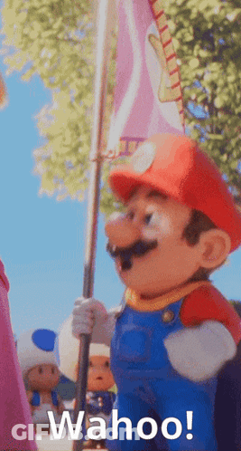 Mario Holding Flag Saying Wahoo GIF