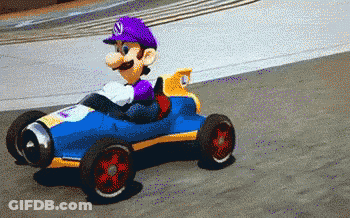 Mario In Purple Hat Driving Blue And Yellow Toy Car GIF