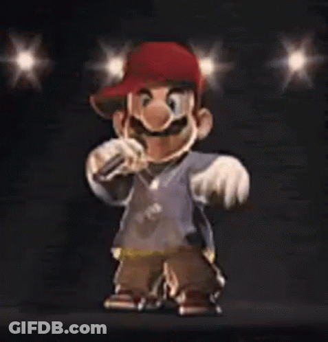Mario In Red Hat Holding Microphone On Stage GIF
