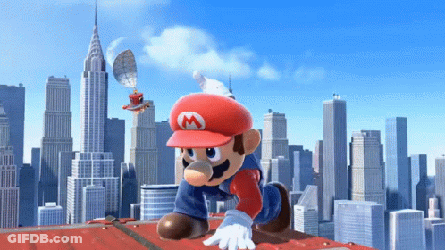 Mario Is Crawling On A Roof In Front Of A City GIF