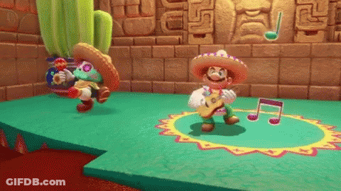 Mario Is Playing A Guitar In A Video Game While A Cactus Is Standing Behind Him . GIF
