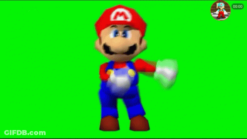 Mario Is Standing In Front Of A Green Screen And Holding A Sword . GIF