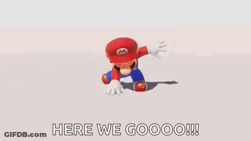 Mario Is Wearing A Red Hat And White Gloves And Says `` Here We Goooo ! '' GIF