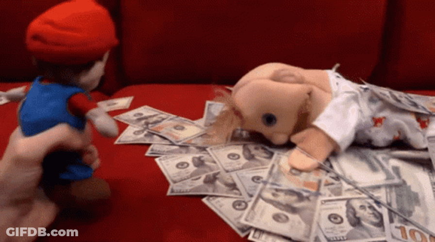 Mario Looking To Puppet Laying On Cash GIF