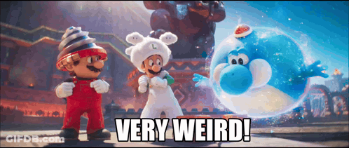 Mario Luigi And Yoshi Are Standing Next To Each Other With The Words " Very Weird " Above Them GIF