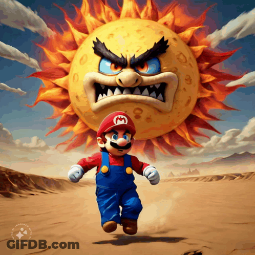 Mario Running In Front Of Angry Sun GIF