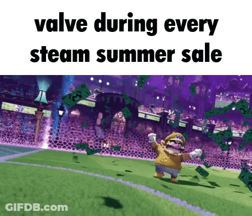 Mario Surrounded By Money Saying Valve During Every Steam Summer Sale GIF