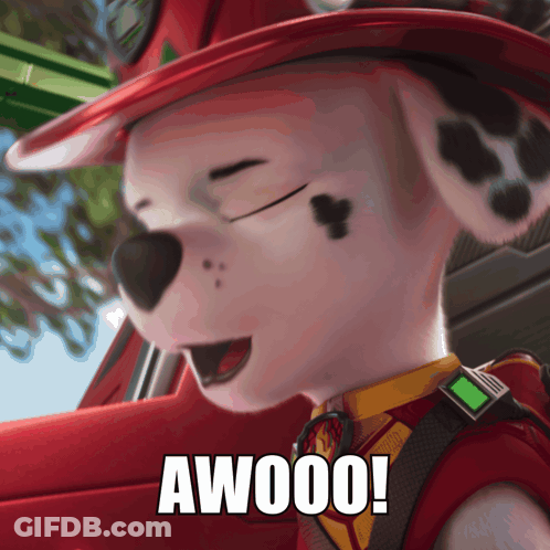 Marshall From Paw Patrol In Red Hat And Tie Saying Awooo GIF