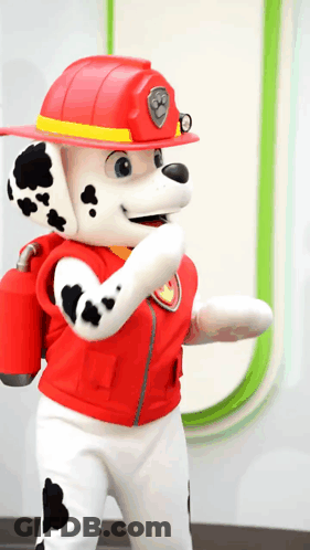 Marshall From Paw Patrol Is Holding A Fire Extinguisher Behind His Back GIF