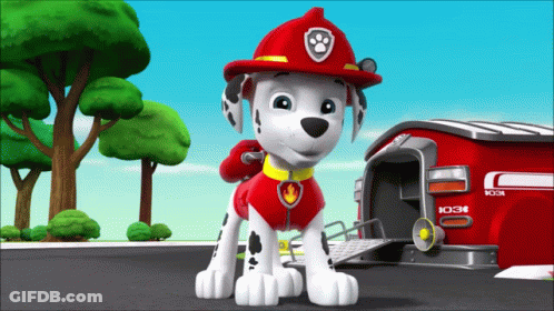 Marshall From The Paw Patrol Show Is Standing In Front Of A Fire Truck GIF