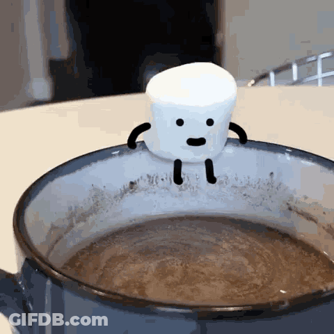 Marshmallow With Arms Sitting In Chocolate GIF