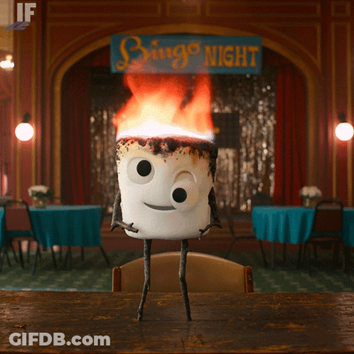 Marshmallow With Flames Standing In Front Of Bingo Night Sign GIF