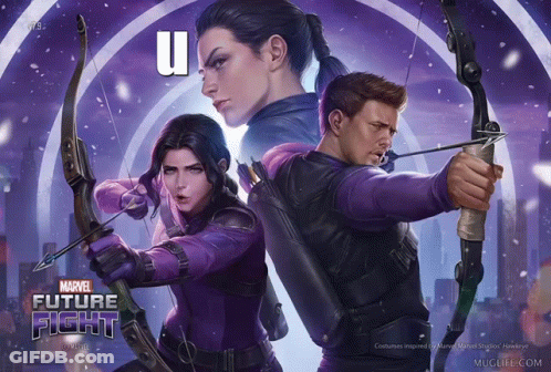 Marvel Future Fight Poster Man And Woman With Bows And Arrows GIF