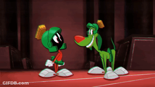 Marvin The Martian And A Dog Are Standing Next To Each Other In A Dark Room GIF