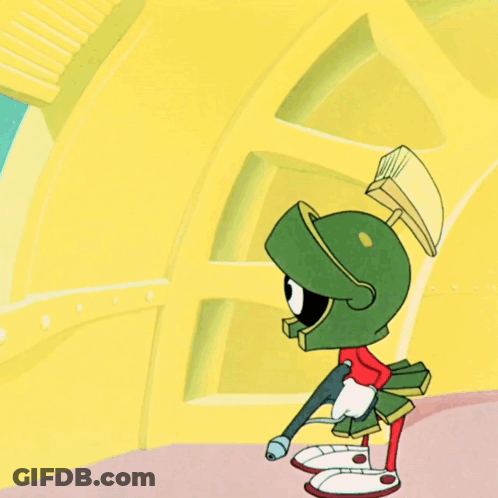 Marvin The Martian Is Holding A Gun And A Flag That Says Ouch GIF