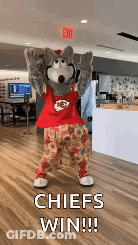 Mascot Arms Up Saying Chiefs Win GIF