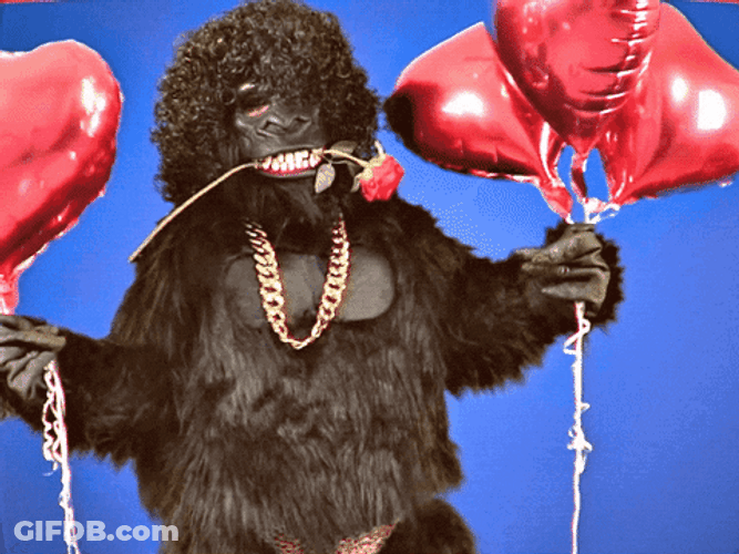 Mascot Gorilla Dancing With Heart Balloons GIF
