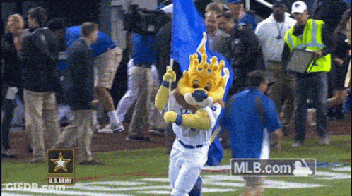 Mascot Holding Blue Flag On Baseball Field MLB.com GIF