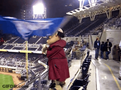 Mascot Holding Flag In Baseball Stadium GIF