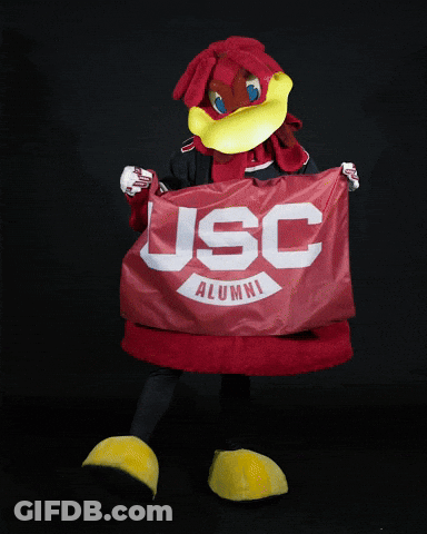 Mascot Holding Red USC Alumni Banner GIF