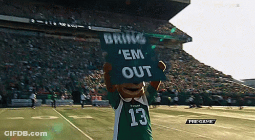 Mascot Holding Sign Saying Bring Em Out GIF