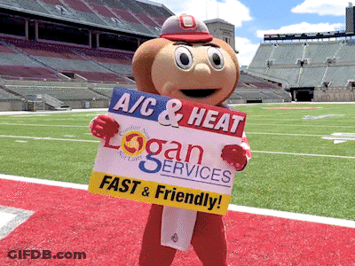 Mascot Holding Sign Saying Logan Services Fast And Friendly GIF